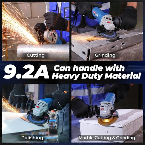 Beast Power 9.2 Amp Corded Angle Grinder 4 And A Half Inch 11800 RPM With Tool Free Guard Paddle Switch in use for cutting, grinding, polishing.