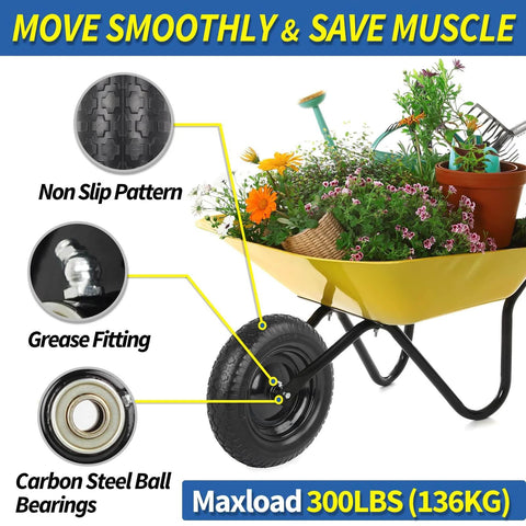 Yellow wheelbarrow with flowers, featuring a 14.5 Inch Wheelbarrow Tire And Wheel With 5/8 Inch Axle Bore, Flat Free Solid Tire.