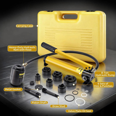 Hydraulic Knockout Punch Kit For Half Inch To Two Inch Conduit Holes, Eight Ton Manual Driver with six dies, tools, and case