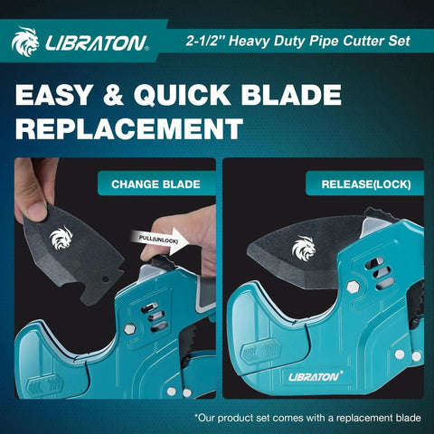 Image showing Heavy Duty Ratcheting PVC Pipe Cutter For PEX PVC And PPR Hoses Up To Two And One Half Inches with blade replacement feature.