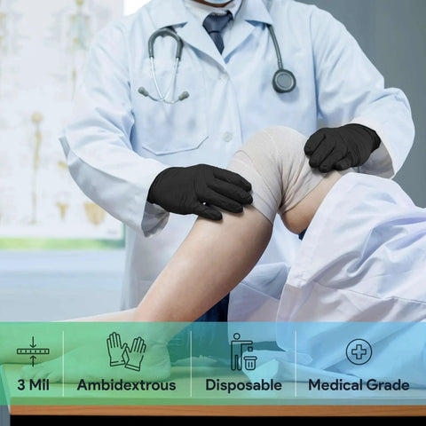 Doctor wearing Black Large Nitrile Gloves 3 Mil Latex Free Powder Free Medical Lab Industrial examining patient's knee