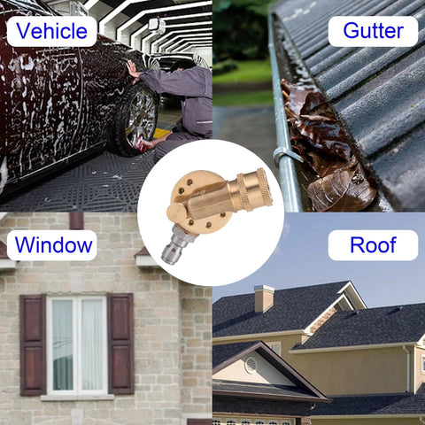 Pivoting Coupler Kit For Pressure Washer With 240 Degree Rotation And 4500 PSI Performance Includes Gutter Cleaner Attachment, 7 Nozzle Tips With Holder, And One Quarter Inch Quick Connect PWACCS shown cleaning vehicle, gutter, window, roof