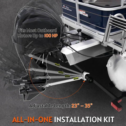 Adjustable Transom Saver From 23 To 35 Inches For Boat Motor Support With Heavy Duty Composite Head shown on boat with motor support.