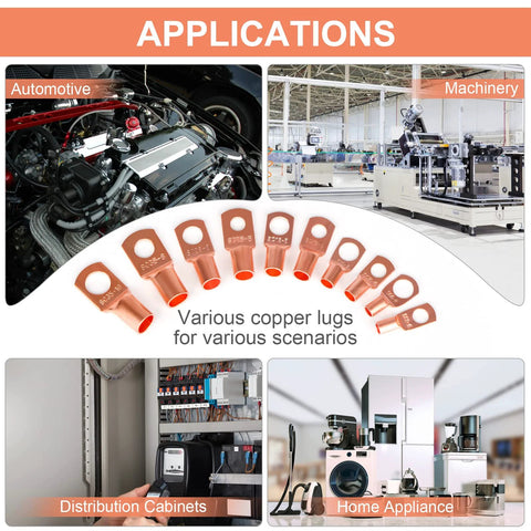 Copper lug set: bare copper eyelets and ring terminals in various sizes with heat shrink tubing, 130-piece kit.