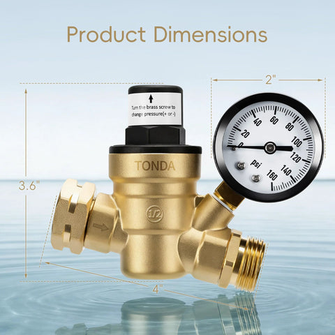 TONDA brass lead-free RV water pressure regulator with gauge and inlet screen filter.