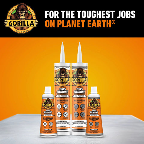 Gorilla 100% silicone sealant, all-purpose, clear; four tubes/bottles shown on orange background.