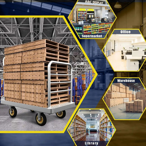 2IN1 48x24 Platform Truck Cart 2650lbs loaded with wood crates in warehouse setting, showcasing swivel casters and detachable guardrail