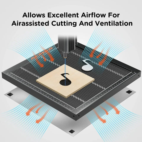 Honeycomb Laser Bed With Aluminum Panel For Laser Engravers, 300x300mm Working Area, shown with airflow for cutting and ventilation