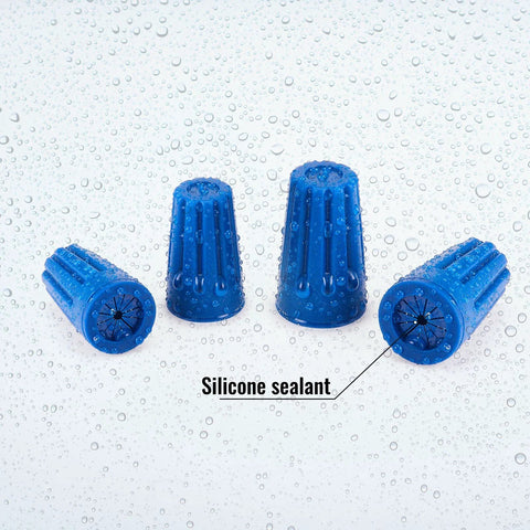 Blue waterproof outdoor electrical wire splice connectors with silicone sealant, 40-piece set.