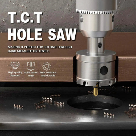 Heavy Duty Carbide Hole Saw Kit For Metal With Titanium Pilot And L Wrenches By METOTY 19 Piece Set cutting a metal surface