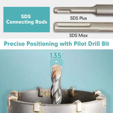 Nine Piece Masonry Concrete Hole Saw Kit With 30 40 65 80 100 Mm Hole Sizes, 300 Mm Tungsten Carbide Bits, SDS Plus And SDS Max Shank, Heavy Duty Drill Bit Set For Concrete Brick Cement Tile, showing SDS Plus and SDS Max connecting rods.
