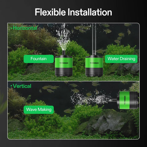 VIVOSUN 660 GPH submersible water pump (green/black), adjustable flow; for aquariums, fish tanks, fountains with 4.9ft tubing