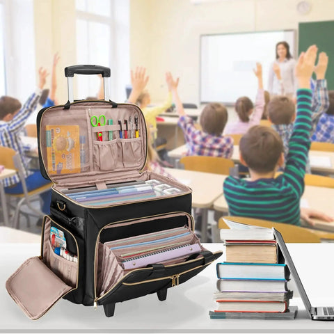 Rolling Teacher Bag With Wheels And Detachable Trolley Black Fits 15.6 Inch Laptop in a classroom setting