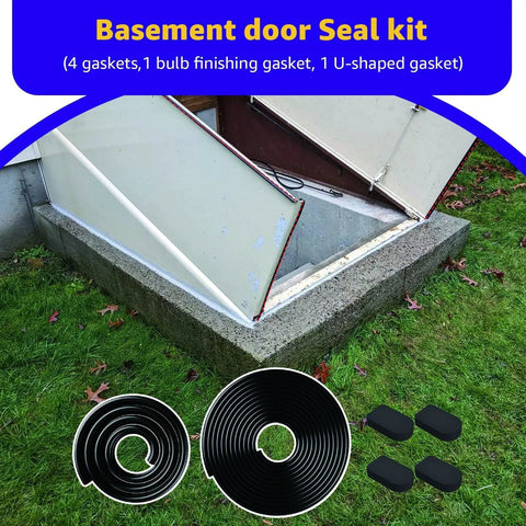 Basement Door Weatherstripping Replacement Kit Compatible With Bilco Doors Includes 1 U Shaped Gasket 1 Bulb Trim Gasket 4 Cap Seal Pads Easy Installation Durable Rubber Seal For Maximum Leak Protection, shown by an open basement door and components.