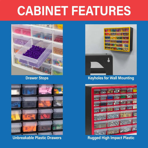 Features of Heavy Duty Plastic Drawer Cabinet For Garage Organization And Craft Storage, including drawer stops and wall mounting keyholes.