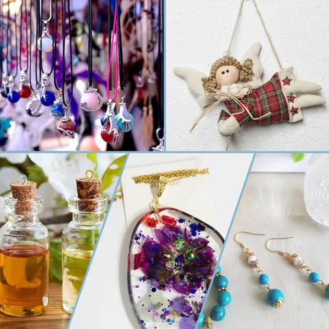 Collection of jewelry pieces, cork top bottles, and crafts showcasing the use of 400Pcs Small Screw Eye Pins Set With Mini Eye Hooks.
