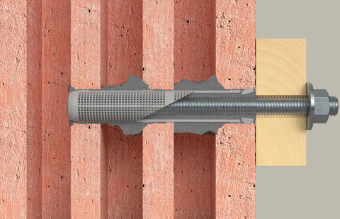 Nylon Mesh Dowels 16 x 85 For Fixing With Chemical Anchor M8 And M10 Bars, installed in perforated brick with resin bond.