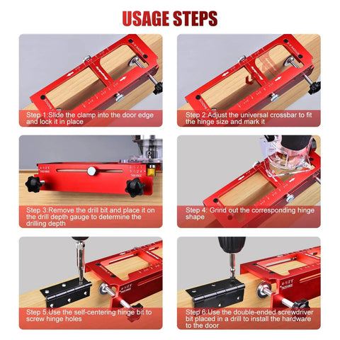 Step-by-step guide using Pro Grade Aluminum Alloy Door Hinge Jig for Routers, adjustable hinge template for precision door hinge mortises.