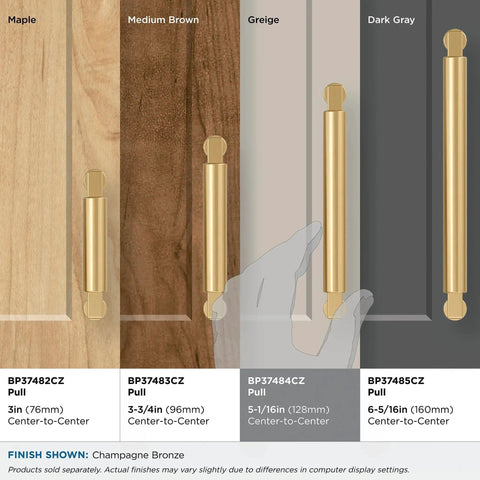 Comparison of Balon Champagne Bronze Cabinet Pulls in different lengths and wood finishes showing versatile installations.