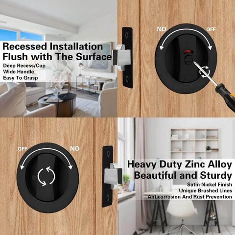 Round Pocket Door Lock And Edge Pull Privacy Latch With Color Coded Indicators Dope Matte Black Flush Pocket Door Hardware fits 1-1/4 to 2-1/5 inch door thickness and 2-3/8 inch backset, installed view.