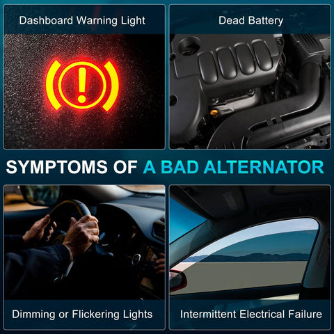 Symptoms of a bad alternator: dashboard warning light, dead battery, dimming lights, intermittent electrical failure.