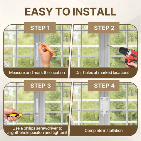 Installation steps for Durable White Cam Window Locks Set For Single And Double Hung Windows with drill, screws, and screwdriver.