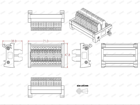 Technical drawing of Heavy Duty Rail Mount 12 Position Screw Terminal Block Distribution Module Built For Industrial Control.