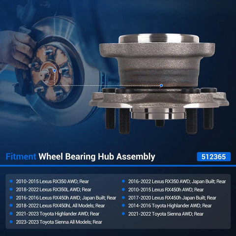 Rear Wheel Bearing Hub Assembly Compatible With Toyota Highlander 2014 2020 Sienna 2021 2023 And Lexus RX350 RX350L RX450h RX450hL AWD 5 Lug With ABS Sensor Pair Go To Premium Bolt On Direct Fit Replacement close-up view