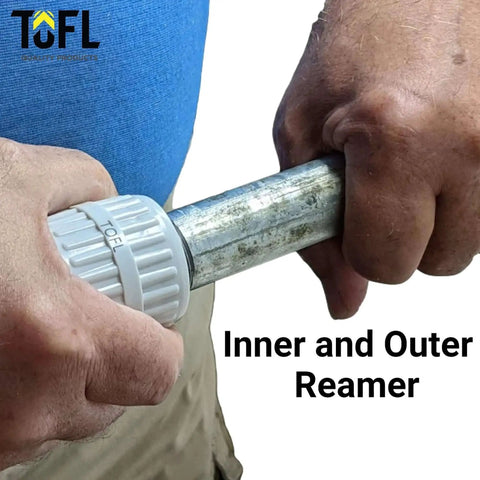 Person using Stainless Steel Pipe Reamer Tool For Quick Deburring And Reaming Durable Metal Build Keeps Pipes Clean Fits 0.25 To 1.25 Inch OD
