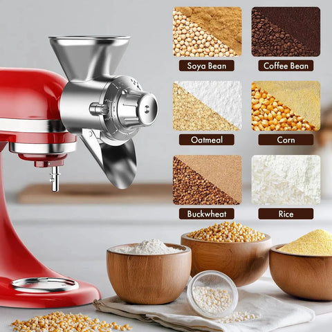 All Metal Grain Mill Attachment For KitchenAid Stand Mixers Durable Flour Mill Grinder For Non Oily Dry Grains Like Corn Buckwheat Oats Millet And Coffee Beans Rust Resistant Accessory For Fresh Flour For Home Bakers installed on red mixer