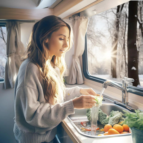 Woman washing vegetables at a stainless sink inside an RV kitchen by a window.