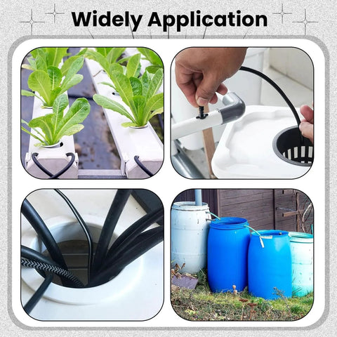 Hydroponic setup and rainwater barrels illustrating uses of 5 Pack White Silicone Top Hat Grommets For Automotive Firewall And Wiring Protection.