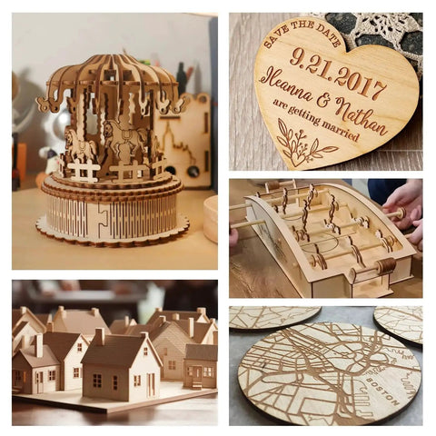 Example crafts using Three Pack Basswood Sheets Twelve By Twelve Inch One Eighth Thick Three Millimeter Unfinished Wood For Laser Cutting And Engraving.