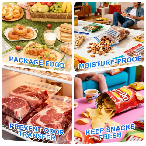 Image showing packaged food, moisture-proof snacks, odor-preventing meat storage, and chips with 2 In 1 Rechargeable Bag Sealer With Cutter USB C Heat Sealer Resealer For Chips And Snacks Portable Grab And Go Pocket Size White Keeps Snacks Fresh Easy One Button Operation Compact Travel Friendly.