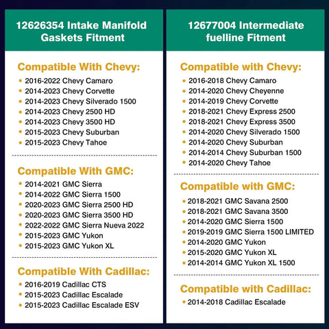 Compatibility chart showing 12626354 intake manifold gaskets and 12677004 intermediate fuel feed pipe for various GM models.
