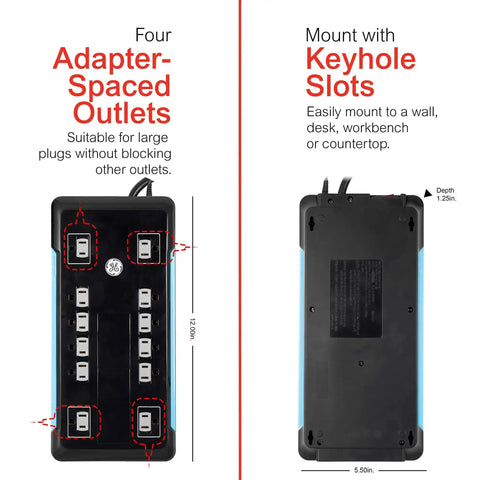 Turn One Outlet Into Twelve With Tethered USB Ports Surge Protector, 8 Ft Cord, Flat Plug, 4320 Joules, Power Filter, Circuit Breaker, UL Listed, Black, Extra Wide Spaced Outlets, Warranty Included front and rear view, highlighting adapter-spaced outlets and keyhole slots.