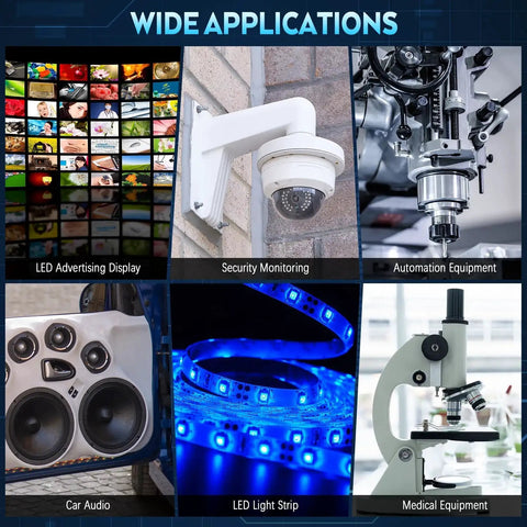 Collage showing various uses: LED display, security camera, automation equipment, car audio, LED strip lights, microscope.