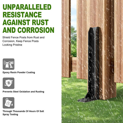 Heavy Duty Steel Fence Post Repair Kit Ground Spike Anchor shown preventing rust on wooden post in rain