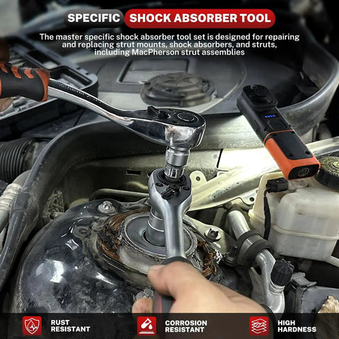 BILITOOLS shock absorber nut socket set installed on car strut top mount; ratchet and adapters visible.
