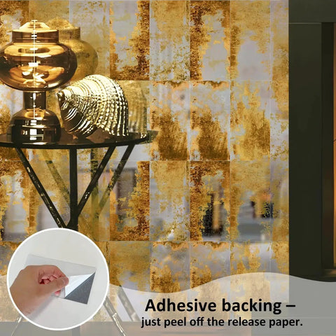 Antique Mirror Effect Peel And Stick Wall Panels Set Of 35 In Gatsby Gold Brown Acrylic for rustic modern decor, adhesive back shown.