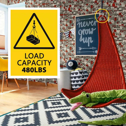 Room with hanging chair, 304 Stainless Steel D Shaped Locking Quick Link Carabiner visible, load capacity 480 lbs sign.