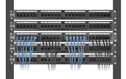 Slim Cat6 Ethernet Patch Cable Kit, 10 Pack, 1 Ft Rack-Friendly Length, Snagless Boots installed in data rack