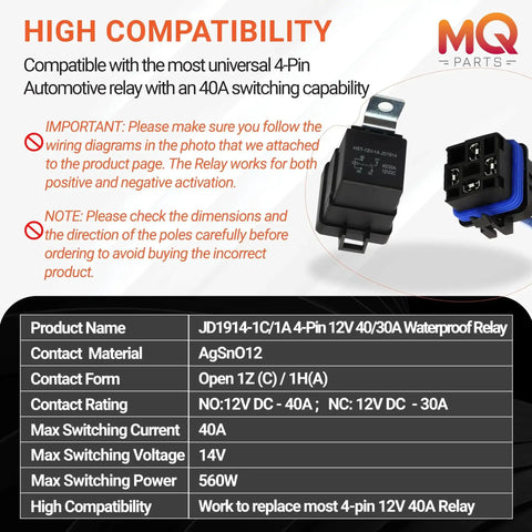 Two Pack 4 Pin 40 30 Amp 12V DC Waterproof Relay Kit with Heavy Duty 12 AWG Tinned Copper Wires and SPDT Harness Diagram