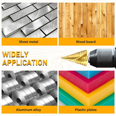 12 Step Spiral Groove Drill Bit Set In High Speed Steel From One Quarter Inch To Two And Three Eighths Inch With Quick Change One Half Inch Shank For Iron Aluminum Copper Plastic Wood Cuts Holes Fast And With Less Friction shown drilling different materials.