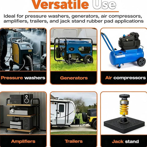 Image showing versatile use of Two Pack Heavy Duty Rubber Foot Pads for pressure washers, generators, air compressors, trailers, and jack stands.