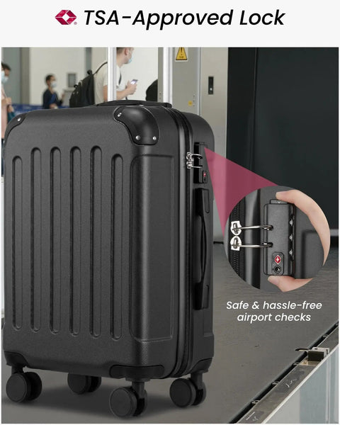 Close-up of a black five piece hardside luggage set with spinner wheels TSA approved lock showcasing secure airport travel.