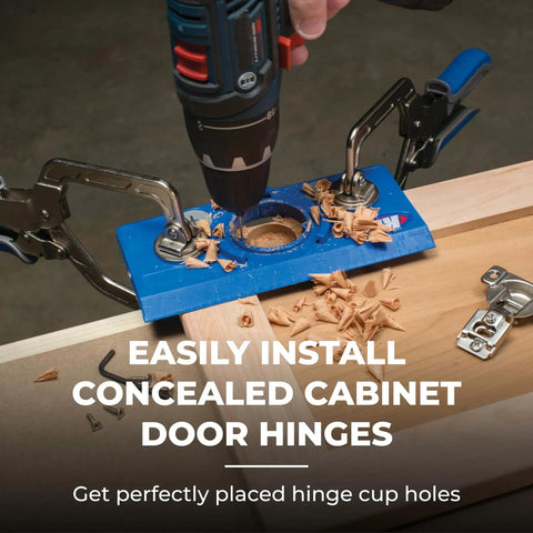 "Concealed Hinge Jig For 35mm Cup Holes, Adjustable Cabinet Door Installation Tool with Four-Cutter Carbide Bit in use on wood panel"