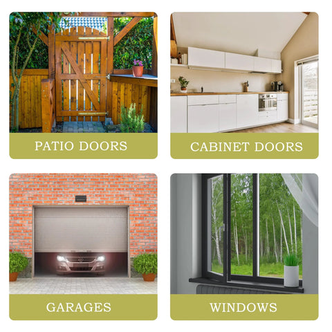 Patio doors, cabinet doors, garage door, and windows showcasing different uses for 4 Inch Stainless Steel Hook And Eye Latch For Doors Windows Cabinets And Fences.