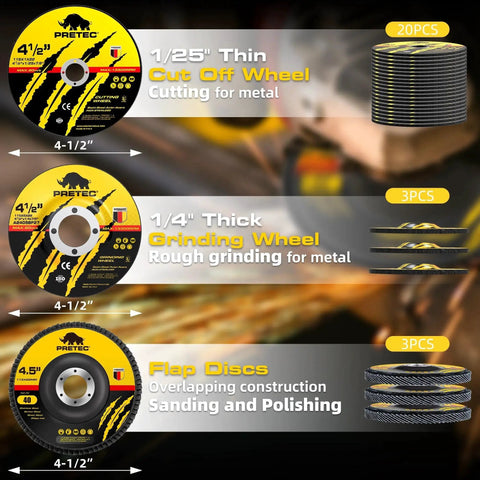 Image of All In One Pro Grade 26 Piece Angle Grinder Disc Set with 20 cut-off wheels, 3 grinding wheels, and 3 flap discs for metal, wood, and stone.