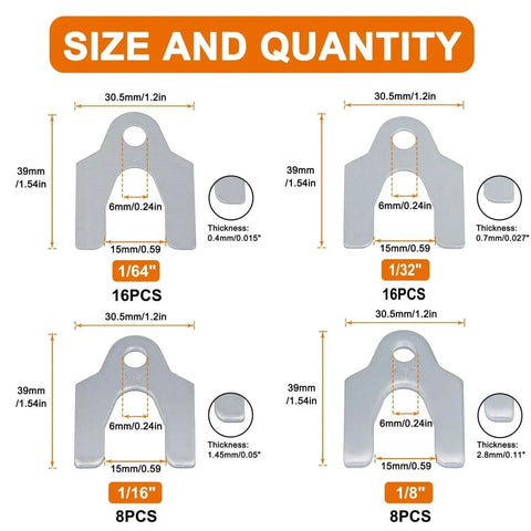 Auto Alignment Body Shim Kit, 48 Pc Universal U Shims Set for Camber and Body Part Adjustment, four sizes with measurements